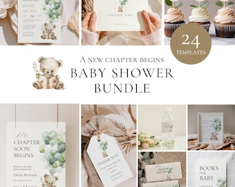 A New Chapter Begins Baby Shower Bundle, Storybook Baby Shower Template Bundle, Gender Neutral Bear Signage, Editable Baby Shower Games SB01