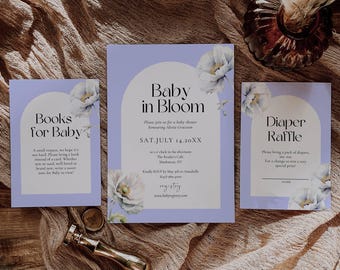 Blue Baby in Bloom Invitation Bundle, Floral Boy Baby Shower, Spring Invite Package Editable, Diaper Raffle Card, Book for Baby Digital SB03