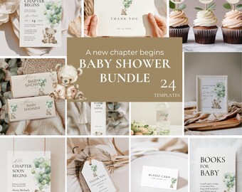 Story Book Baby Shower Bundle, A New Chapter Begins Signage, Bear Baby Shower Games Editable, Gender Neutral Baby Shower Pack SB01