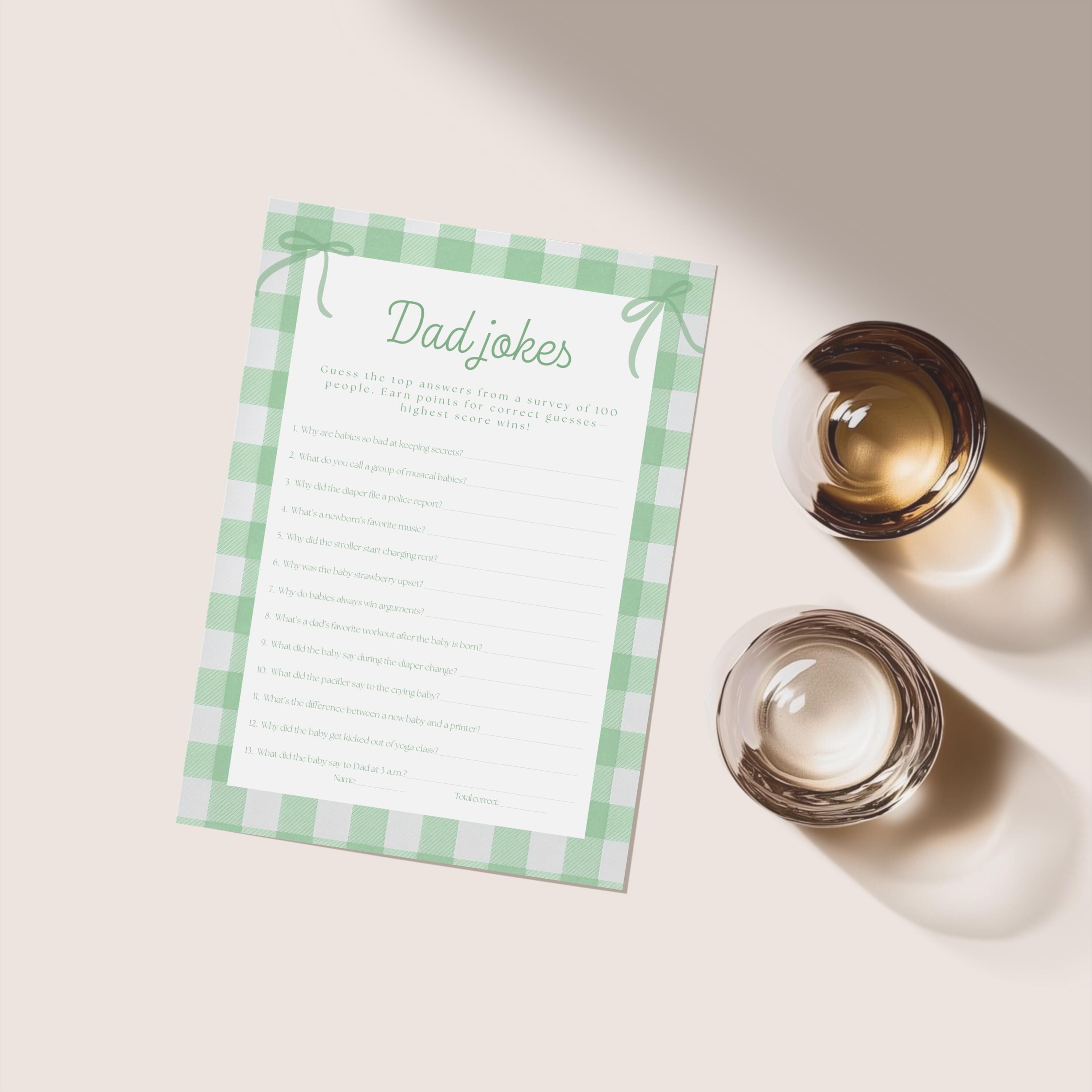 Green Diamond Riddle Green Gingham Baby Shower Dad Jokes Game Printable Editable, Coquette ...