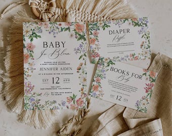 Set di inviti per baby shower "Baby in Bloom", modello di invito floreale per baby shower, pacchetto di inviti con fiori di campo modificabile, pacchetto digitale da 3 pezzi SB05
