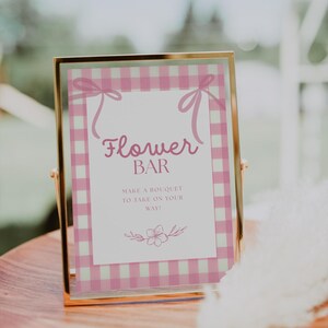 Pink Gingham Flower Bar Sign Baby Shower, Coquette Bow Ribbon Decor, Baby in Bloom Bar Signage, Bouquet Bar Favor Printable Digital, SB07