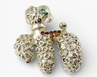 Vintage Gold Tone Poodle Brooch, Rhinestone Dog Pin