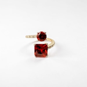 Gold Plated Red Statement Ring, Simulated Ruby & CZ Bypass Ring, Open Wrap Cocktail Ring, Bold Fashion Jewelry