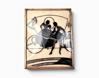 Victorian Romantic Couple Reverse Painted Glass Art Panel Vintage Silhouette Copper Frame Wall Decor