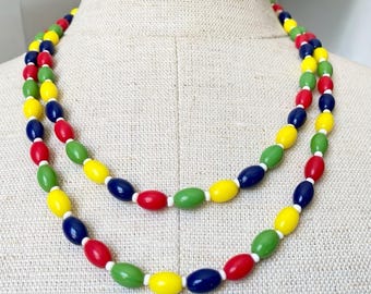 Antique Czech Glass Harlequin Necklace: Flapper Style, 40" Long Beads