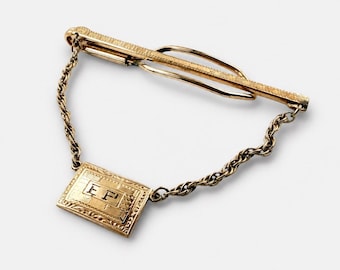 Vintage Hayward Gold Filled Tie Clip 2.5” with Chain, Mid Century 1940s 1950s Tie Bar, Engraved Monogram Fob, Retro Men’s Jewelry