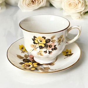 Queen Anne Tea Cup & Saucer Set White Brown Yellow Floral Vintage