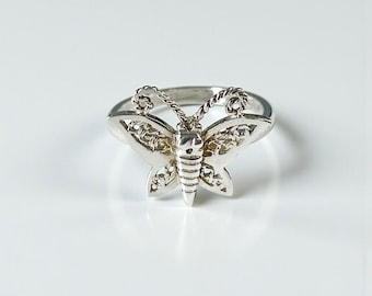 Vintage Sterling Silber Schmetterling Ring, filigrane Flügel, Größe 7