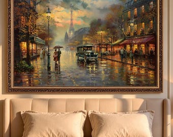 Original Hand-painted Paris Cityscape Oil Painting, Romantic Eiffel Tower Rainy Street Scene Wall Art