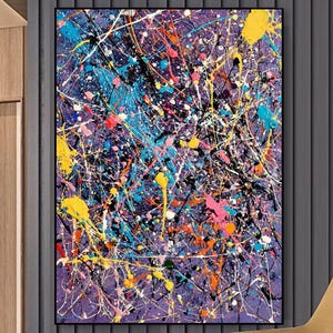 Original handmålad abstrakt droppkonst på canvas, färgglad mönstrad heminredning, inflyttningspresent