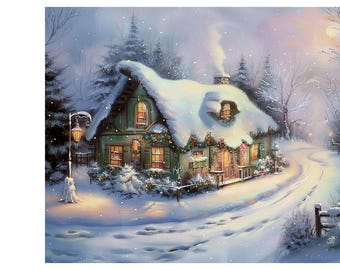 Original Winter Landscape Oil Paintings Silent Night, Cottage Christmas Living Room Decor