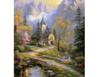 Original Swiss Alpine Oil Paintings, Stone Bridge Landscape, Old Church Valley, European Wall Art