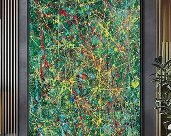 Original Art: Hand-painted Oil Drip Abstract Wall Painting, Green Hallway Office Decor