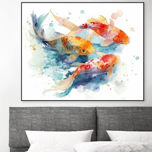 4 Hand-painted bathroom wall art, laundry wall decor, kids room decor, original goldfish paintings in oil & watercolor, aquatic fish artwork