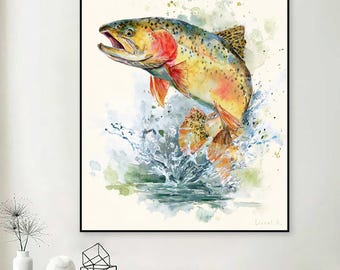 12 hand painted vintage bathroom wall decor, large fish oil paintings original, fish canvas art, aquatic wall painting for house decoration