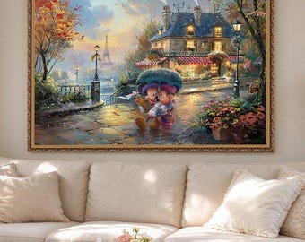Original Mickey & Minnie Nursery Art: Eiffel Tower Rainy Paris Cityscape, Romantic Gift Wall Decor