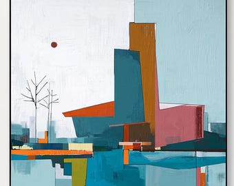 Original Acrylic Cityscape Art, Hand-Painted Abstract Canvas Painting, Contemporary Minimalist Home Decor
