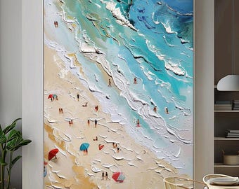 Original Hand-Painted Impasto Beach Scene Canvas Art, Minimalist Summer Swimmer Painting Large Wall Decor