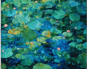 Original Hand-Painted Oil Painting Lotus Pond, Floral Wall Art, Nature Inspired Flowers Canvas Decor