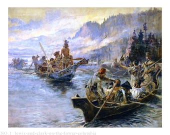 May include: A historical painting showing canoes on a river, with figures in period attire. The artwork uses a muted colour palette, highlighting the interaction between the groups. The text at the bottom reads "NO. 1 lewis-and-clark-on-the-lower-columbia".