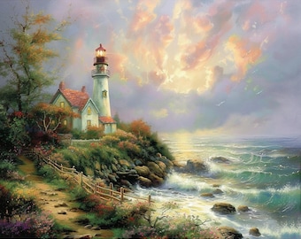 Original Lighthouse Oil Painting Sunset, Sea Scenery Coastal Wall Decor, Nautical Artwork Handmade