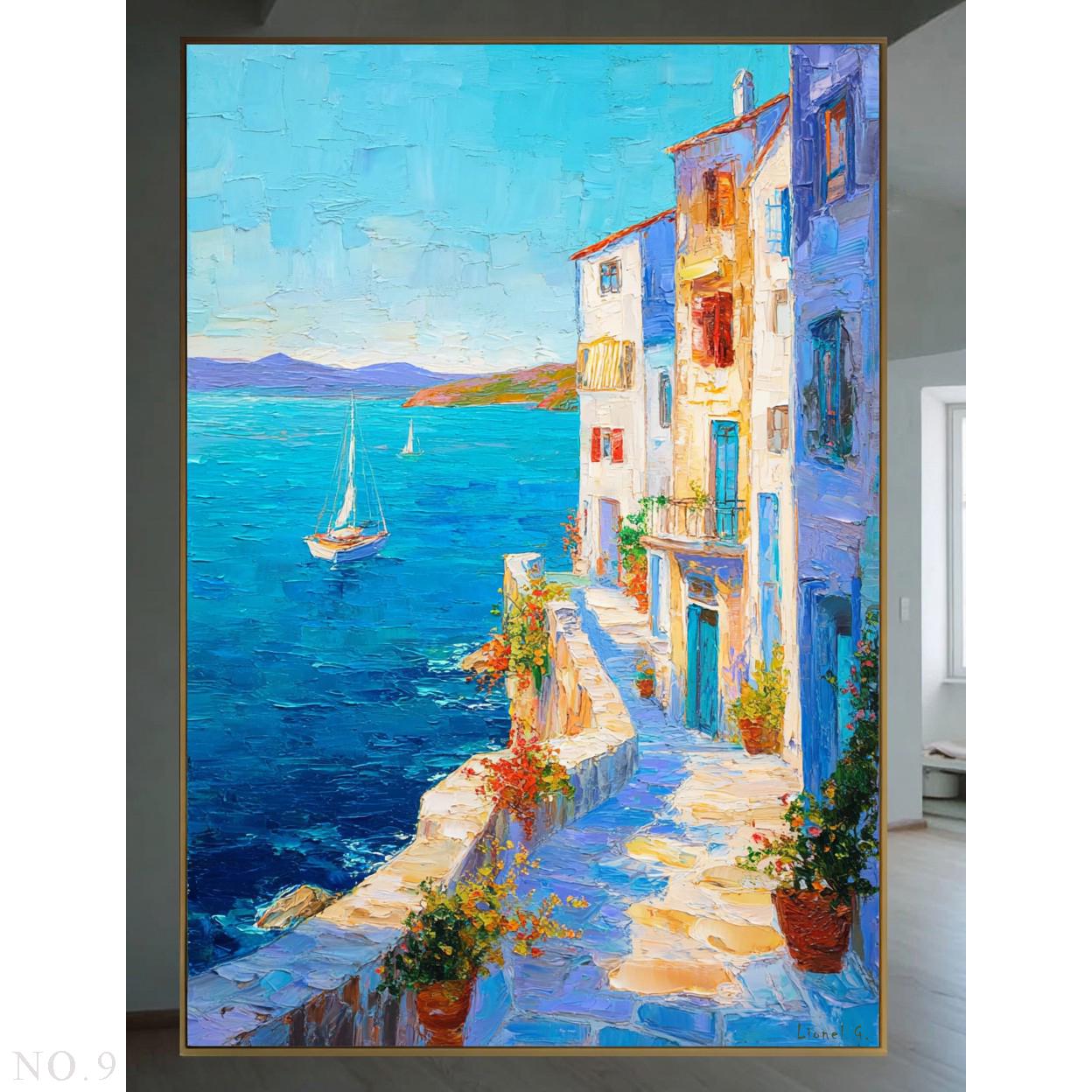 ヨーロッパ絵画油絵手書きワイド海景 エーゲ海と地中海の風景を描いた手描きのオリジナル作品17点