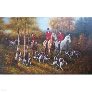 9 Hand painted wildlife hunting artwork, large colorful works in oil, hunt paintings on canvas for traditional room decor, hounds canvas art