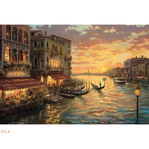 8 Handmade Original Venice Wall Art at Sunset, Oil Painting Cityscape, Grand Canal Under Twilight, Flowers Shops,Buildings,Gondolas,Tourists