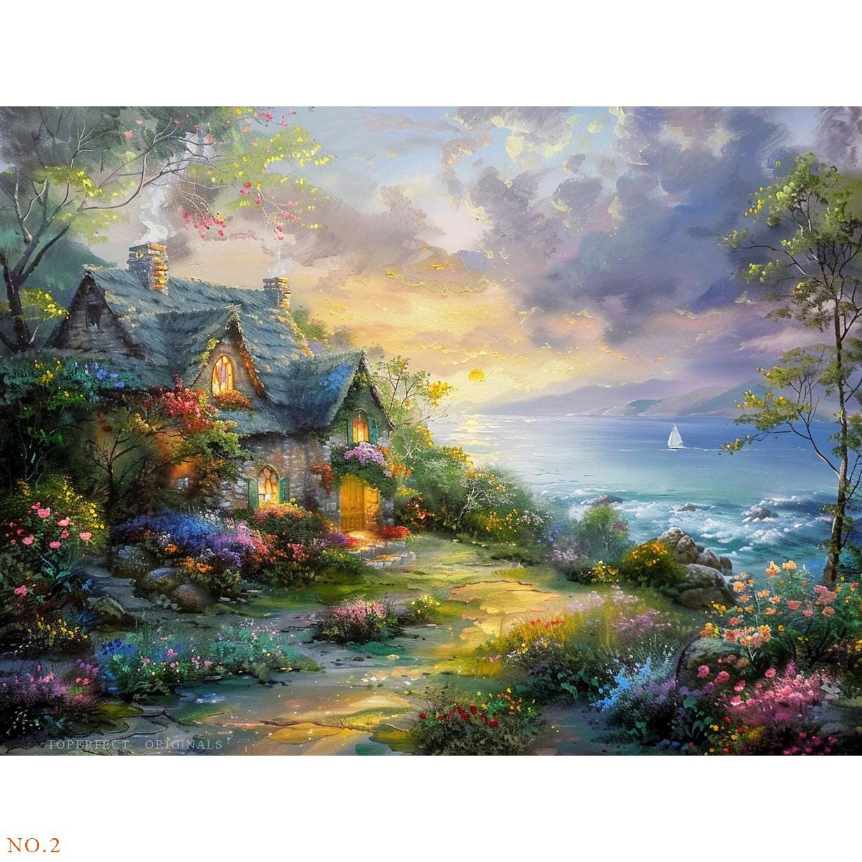 6 handgeschilderde originele landelijke boerderijwerken in Thomas Kinkade-stijl, idyllische cottage-muurkunst, zeegezicht canvas olieverfschilderij, natuurparadijs