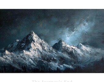 Original Starry Night Sky Mountain Oil Paintings, Celestial Galaxy Wall Art Milky Way Decor