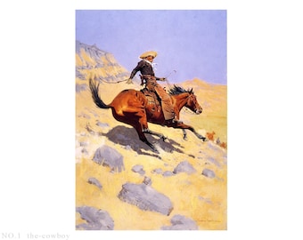 9 Hand painted cowboy paintings as vintage farmhouse home decor, American wild west art, Indians artworks horse rider by Frederic Remington