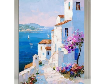 Original Mediterranean Landscape Oil Painting, White House Floral Seascape, Blue Coastal Room Decor