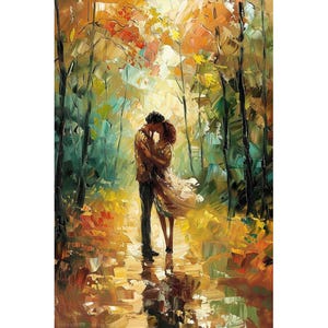 4 Handmade art Kiss in Wind: original love wall art, romantic art, romance paintings, autumn trees canvas paintings, Valentine’s Day gift