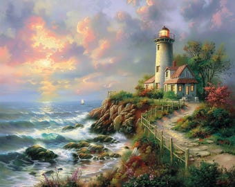 Original Seascape Oil Painting Coastal Waves, Hand-painted Sunset Wall Decor of Lighthouse