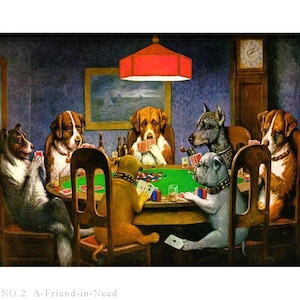 Pintura al óleo hecha a mano de perros jugando al póquer * Pinturas de perros sobre lienzo • Decoración de pared para perros y regalo de cumpleaños - Un amigo en necesidad es un amigo de verdad