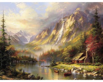 8 Handmade Original Mountain Art Paintings Thomas Kinkade Style,Large Nature Room Decor,Vintage Mounts Art Lake Waterfall Trees Cabin Clouds