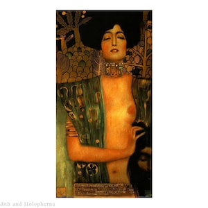 May include: A reproduction of Gustav Klimt's painting, "Judith and Holofernes." The artwork features a woman with closed eyes, wearing a decorative collar and a green garment. The background is gold with tree-like patterns. The text "NO.1 Judith and Holopherne" is at the bottom.