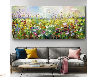 2 handgemaakte originele grote kunstwerken van bloemenveld, kleurrijke tuinmuurschildering, groot bloemenkamerdecor, windbloemenwerk, bloemencanvas