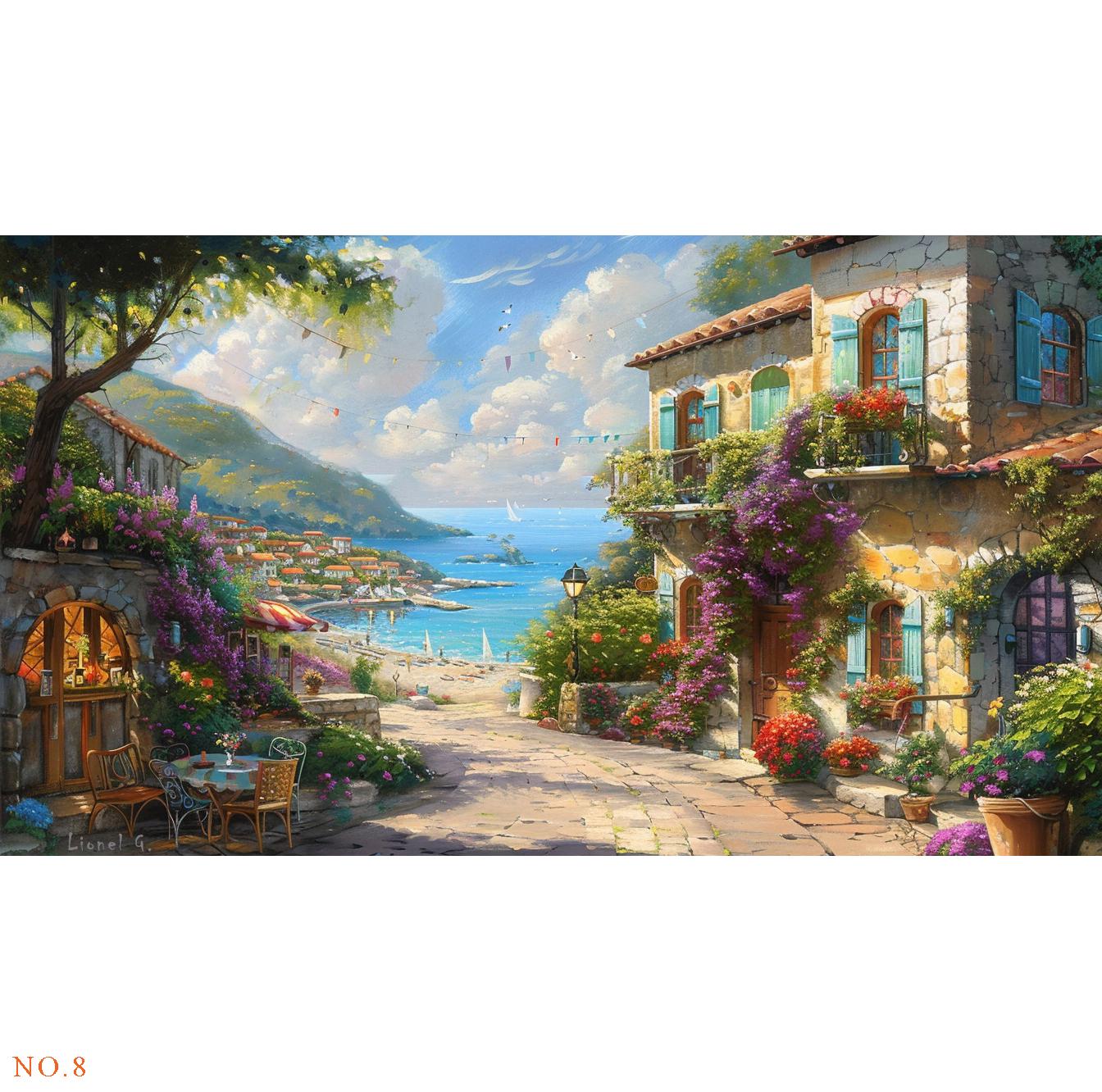 キャンバスに手描きされた地中海のオリジナル絵画6点、花、庭、家