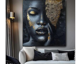 Custom Portraits Painting from Photo, Hand-painted African American Woman – Gold Foil Wall Art, Gift