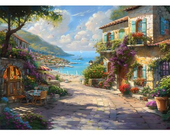 絵画　海外輸入　キャンパス生地 キャンバスに手描きされた地中海のオリジナル絵画6点、花、庭、家