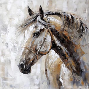 Hand Painted Customized Horse Portrait from Photo | Horse Canvas Wall Art | Square Horse Room Decor | Modern Horse Art in White, Brown, Gray