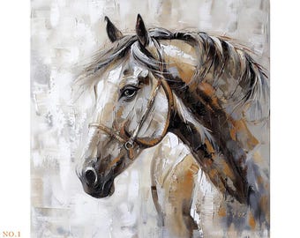 Customized Horse Portrait Canvas Art from Pictures, Modern White Brown Gray Equine Decor & Gift