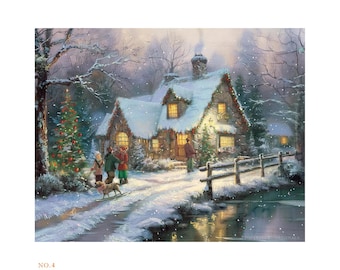 Hand-Painted Original Christmas Wall Paintings Artwork: Holiday Snow Tranquil Winter House