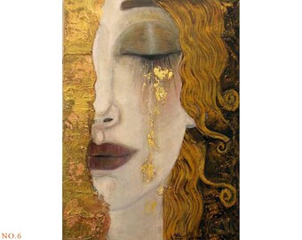 6 Handmade Gold Leaf Paintings – Klimt Style Woman Face Modern Wall Art Golden Tears