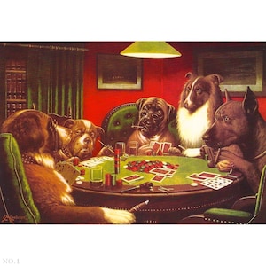 7 Cães pintados à mão jogando pôquer, pinturas a óleo de animais engraçados sobre tela, decoração de sala de jogos, cartas de cães engraçados, Cassius Marcellus Coolidge