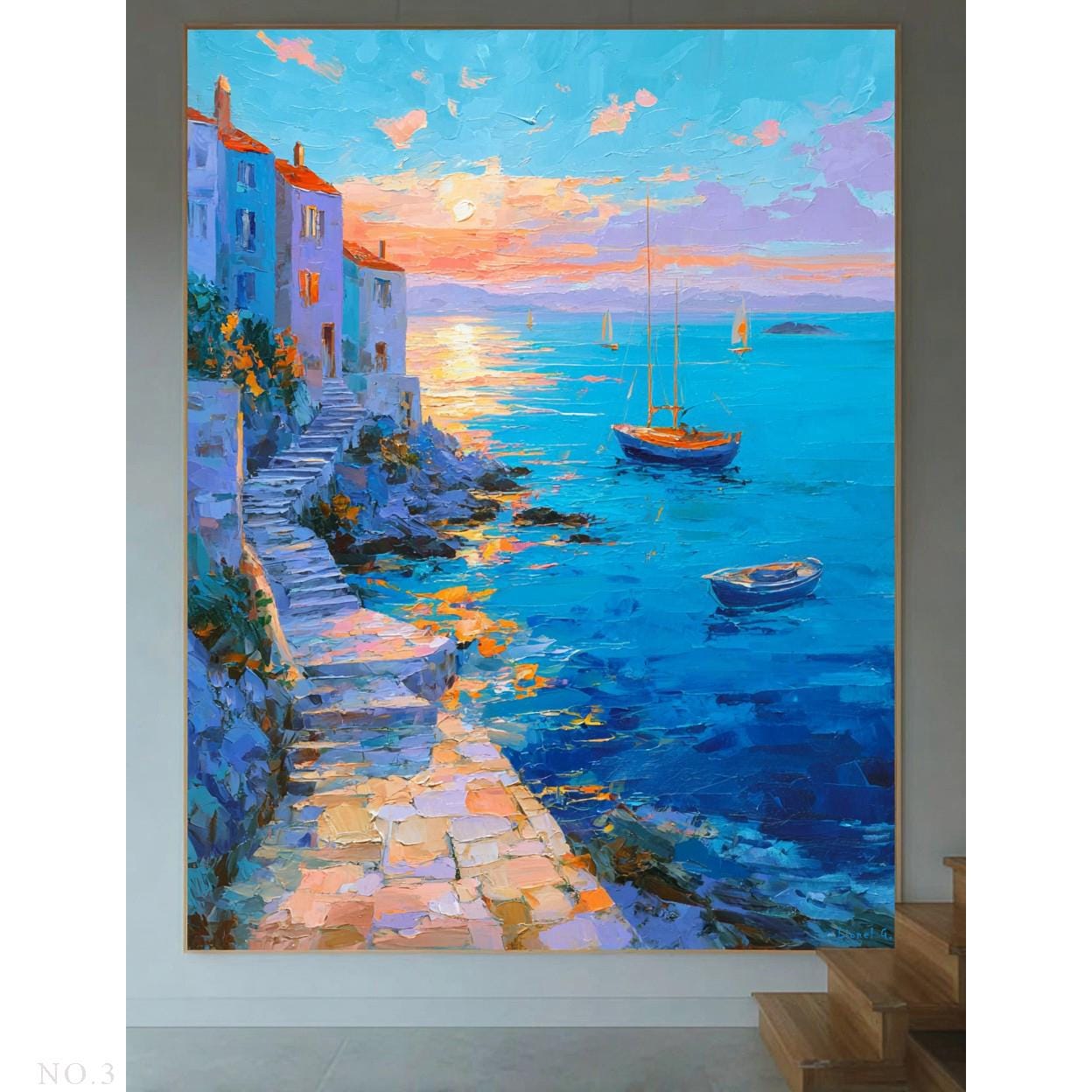 エーゲ海と地中海の手描きのオリジナル風景画17点、キャンバスに描いた
