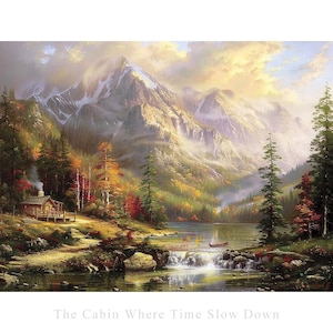 以下が含まれることがあります： The Cabin Where Time Slow Downというタイトルの風景画。煙突から煙が立ち上る素朴な木造の小屋が、小さなボートが浮かぶ湖、滝、そして背景にそびえ立つ雪を頂いた山々のそばに描かれています。