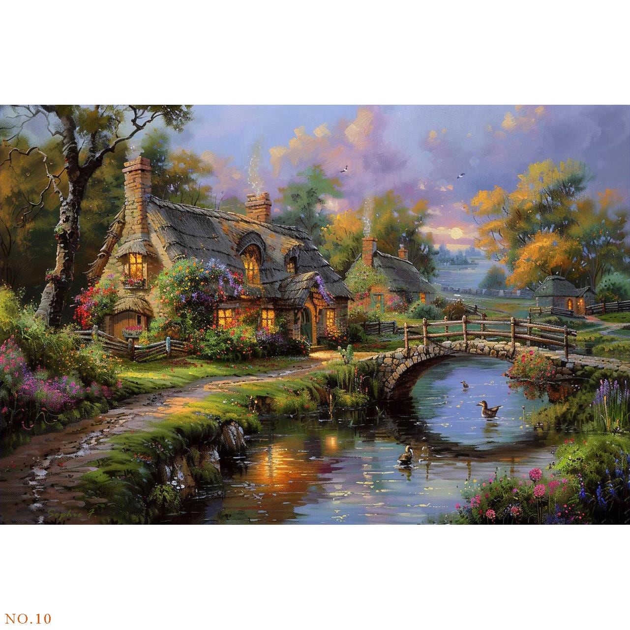 19 Original Mountain Landscape Oil Paintings, Lakeside Cabin Wall